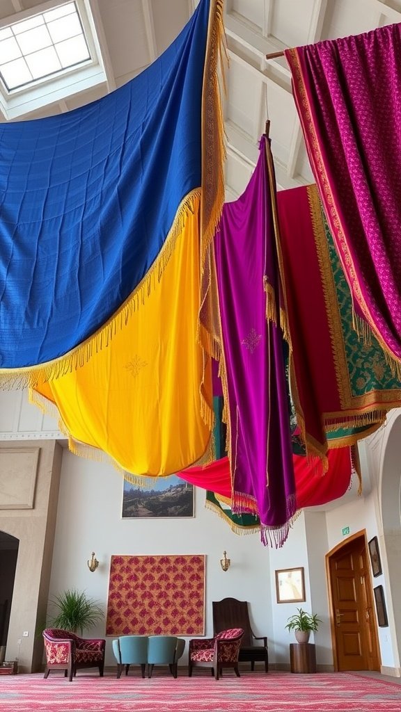 Colorful fabrics hanging from a high ceiling in a cozy interior space.