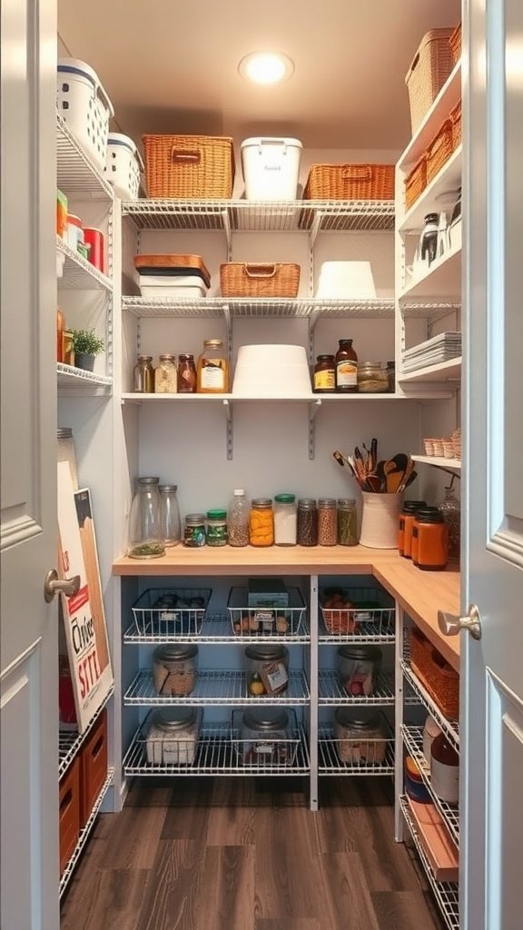 A well-organized pantry showcasing vertical storage with shelves and bins.