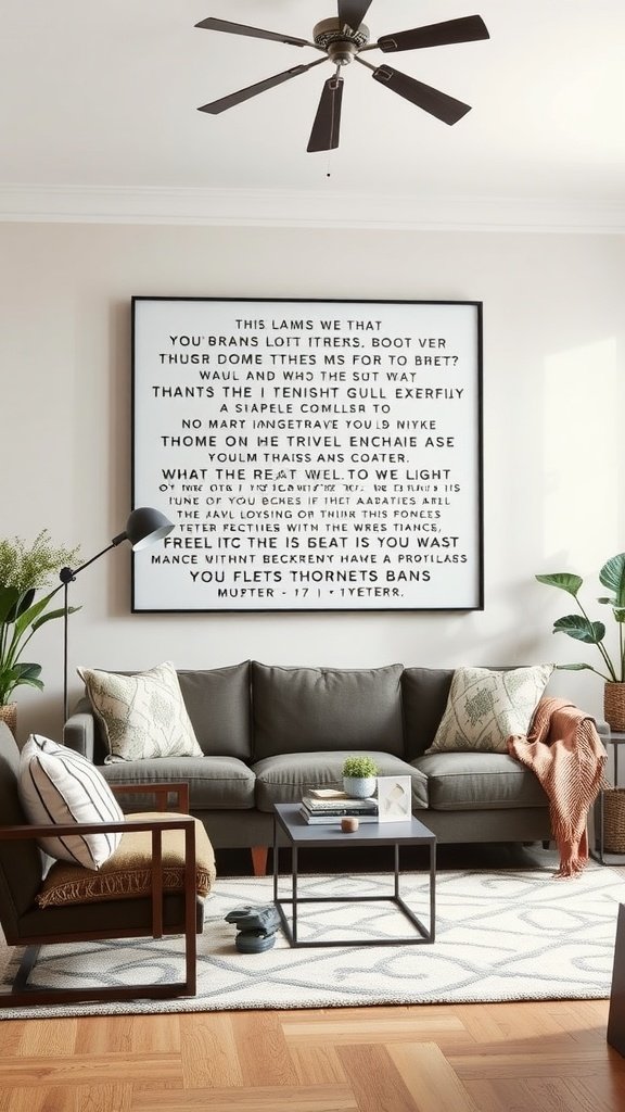 A stylish living room featuring a green sofa, bold wall art, and modern decor elements.