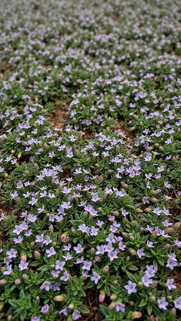 A field of blooming creeping thyme with lavender petals and green leaves.