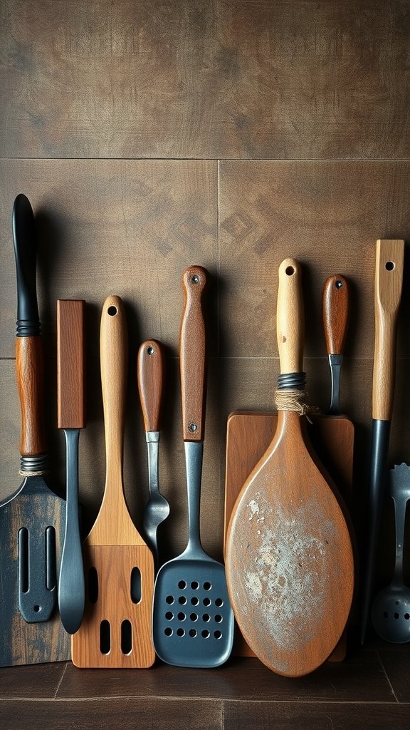 A collection of various kitchen utensils made of wood and metal arranged on a dark background.