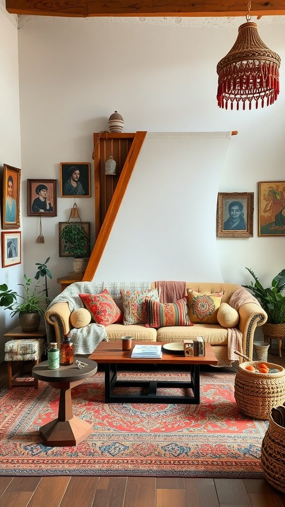 A colorful bohemian living room featuring a cozy sofa, vibrant pillows, framed art on the walls, and a wooden coffee table.