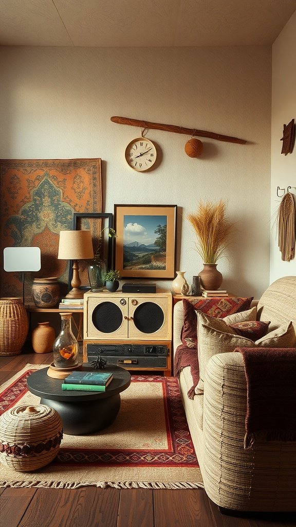 A cozy, earthy living room featuring an olive couch and vintage decor.