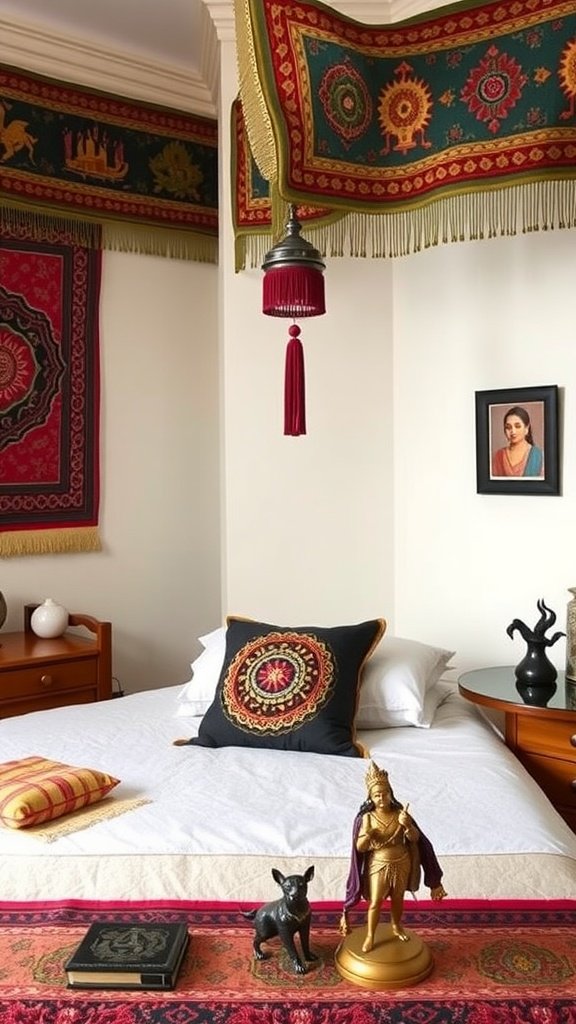 An Indian bedroom decorated with traditional textiles and cultural accessories.