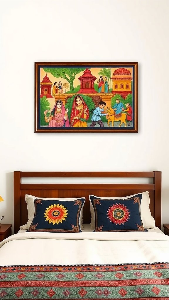 A beautifully decorated Indian bedroom featuring vibrant wall art and accent pillows.