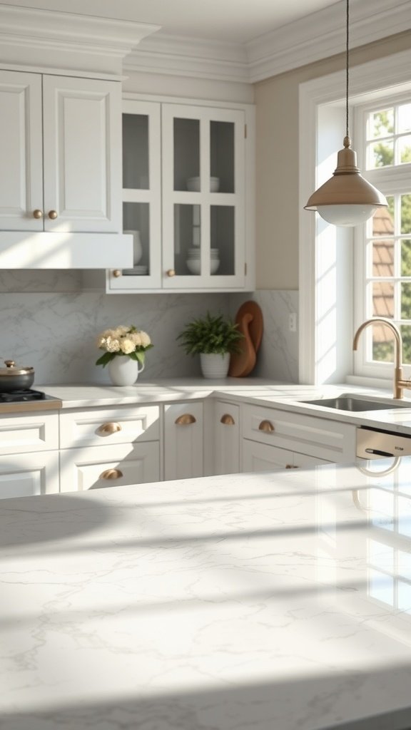 A modern kitchen featuring a cultured marble countertop with white cabinets and stylish decor.