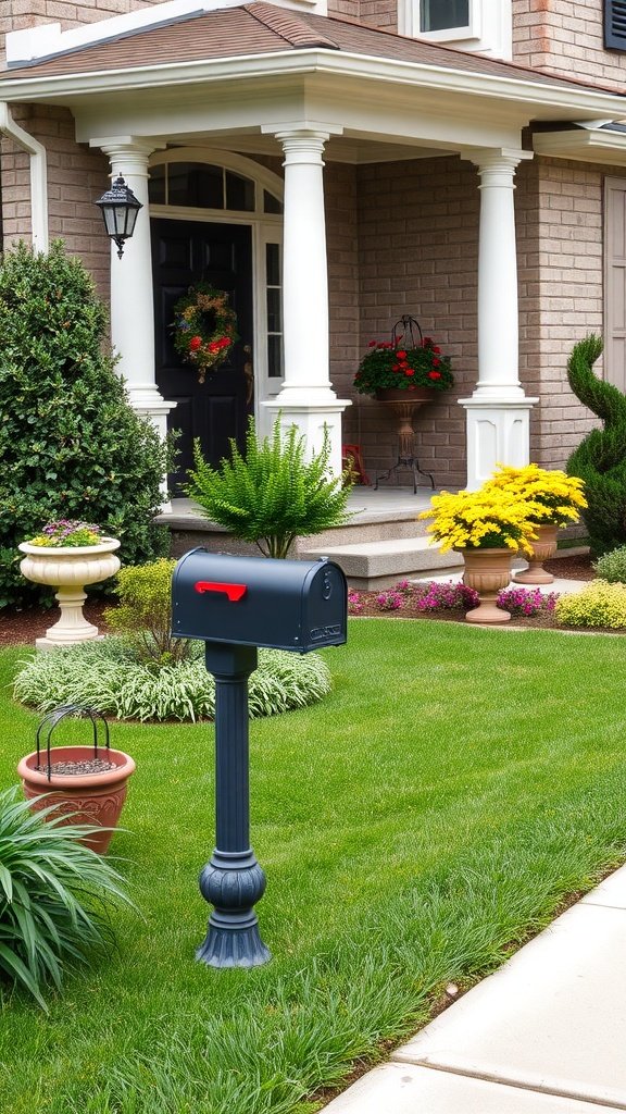 A beautifully landscaped front yard featuring a mailbox, decorative plants, and vibrant flowers.