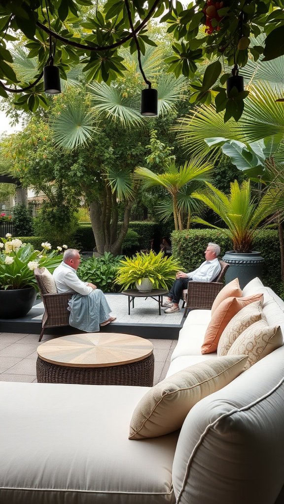 Cozy outdoor lounge area with cushions and greenery