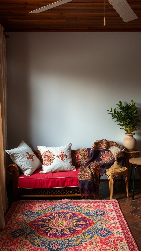 Cozy cushioned seating area in an Indian-style bedroom decor