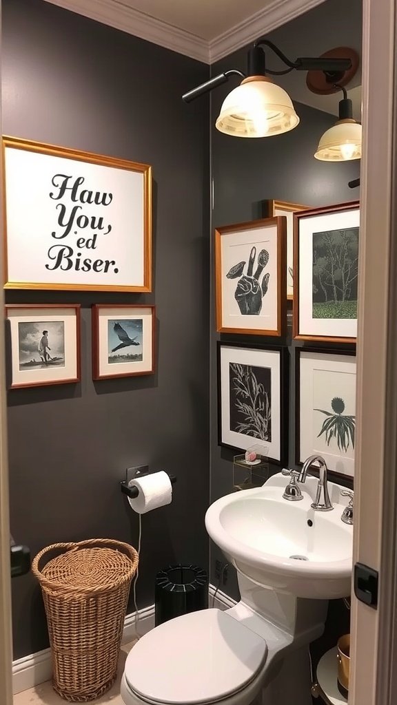 A stylish half bathroom with custom artwork displays on the walls, featuring framed art and a chic lighting fixture.