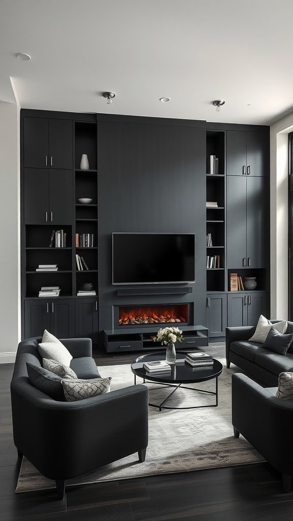 Custom built-in black units in a modern living room with a television and cozy seating.