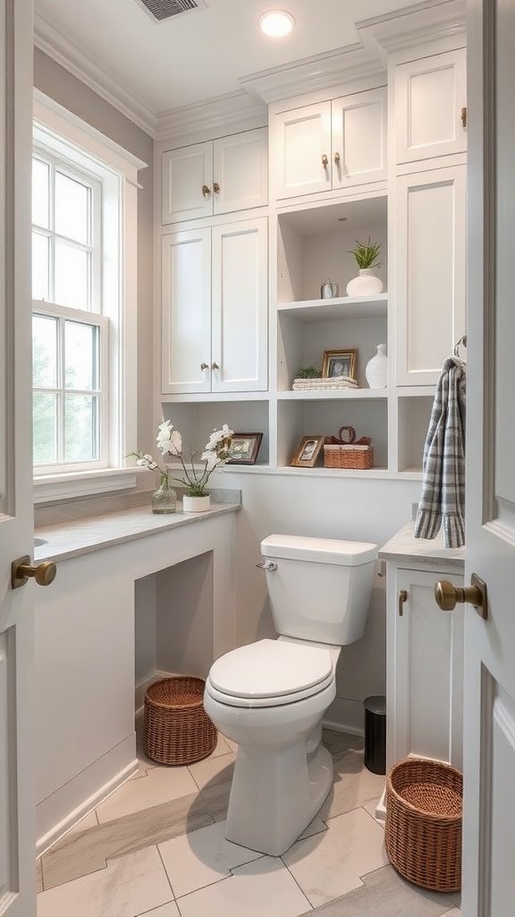 A beautifully remodeled half bathroom featuring custom built-in shelves and a clean, modern design.