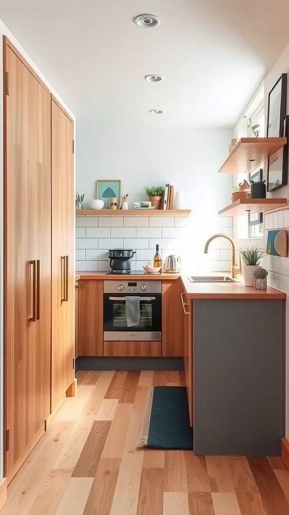 A cozy and modern tiny home kitchen featuring custom wooden cabinets and open shelves.