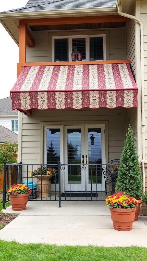 A stylish patio awning with a patterned design, enhancing a home's outdoor space.