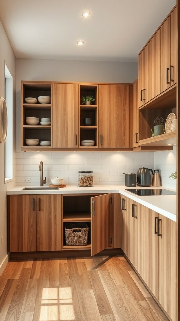 A small kitchen featuring wooden cabinets and organized storage solutions.