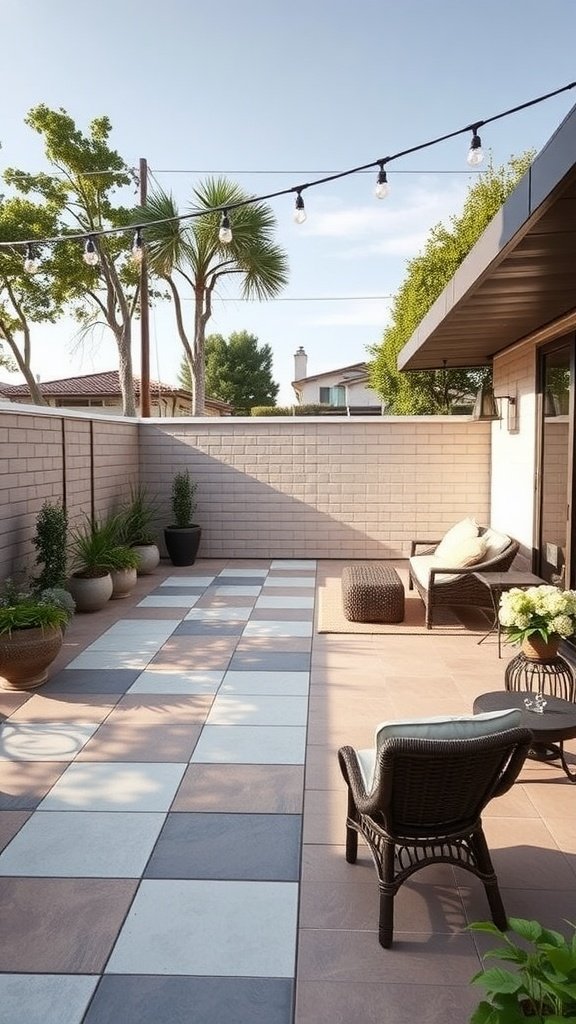 A modern patio with modular tiles, featuring a mix of colors and a cozy seating area.