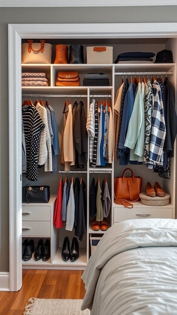 Organized closet with clothes, bags, and shoes neatly arranged.