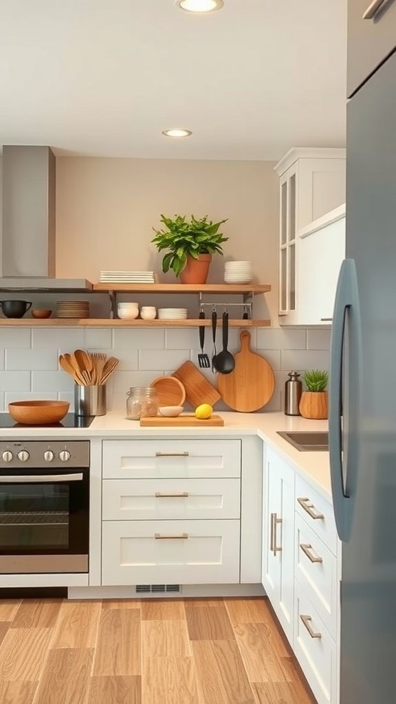 A modern kitchen with well-organized appliances and stylish decor.