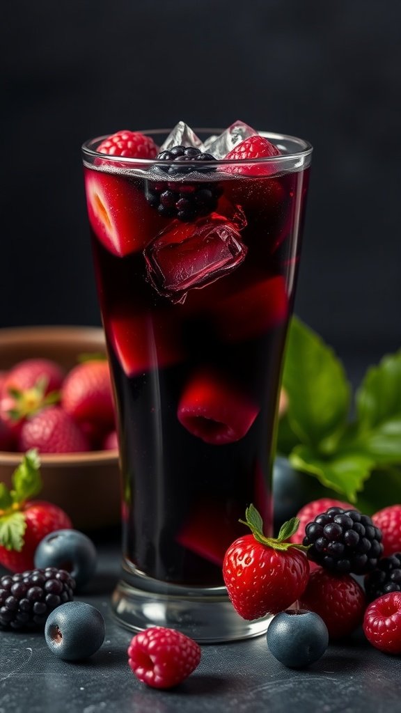 A glass of dark berry infused drink with ice and fresh berries around it.