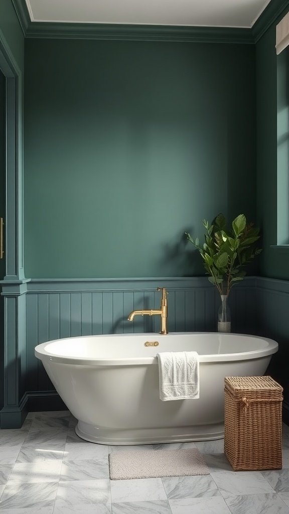 A dark green bathroom featuring a stylish tub and natural decor.