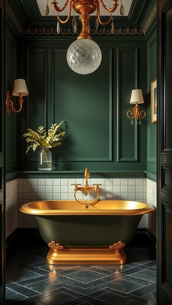 A dark green bathroom featuring gold accents, elegant tub, and stylish decor.