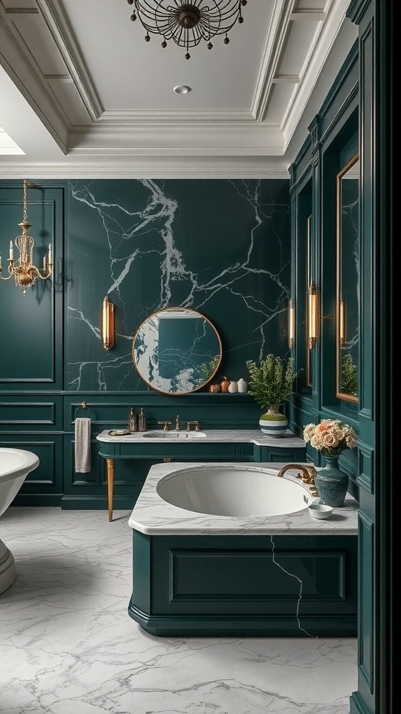 Luxurious dark green bathroom with marble accents and elegant decor.