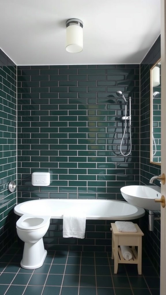 Dark green subway tiles in a stylish bathroom