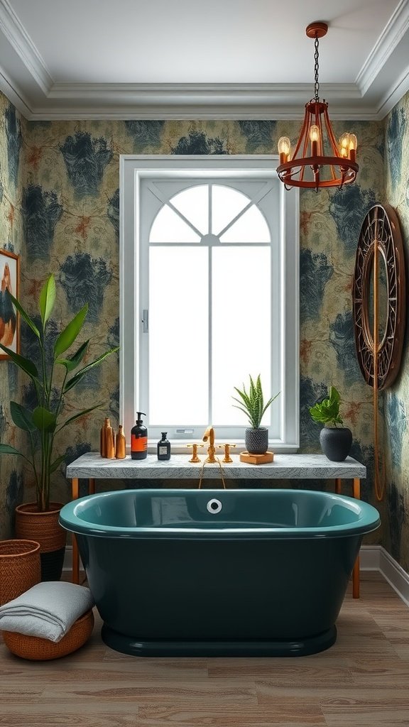 A stylish dark green bathtub in a bathroom with emerald walls, decorative plants, and elegant accessories.