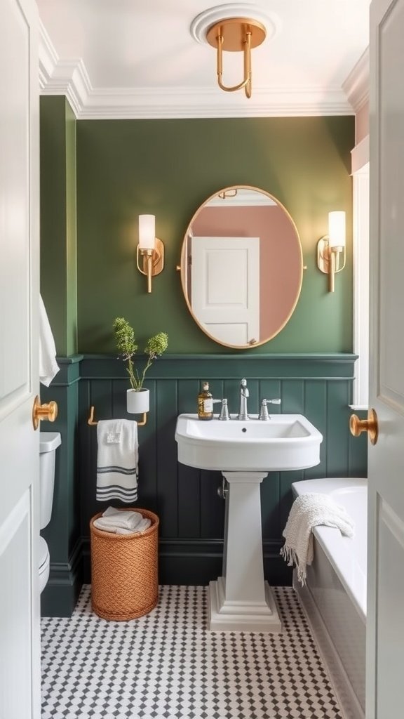 A small dark green bathroom showcasing a toilet, sink, and decorative plants, with bright accents.