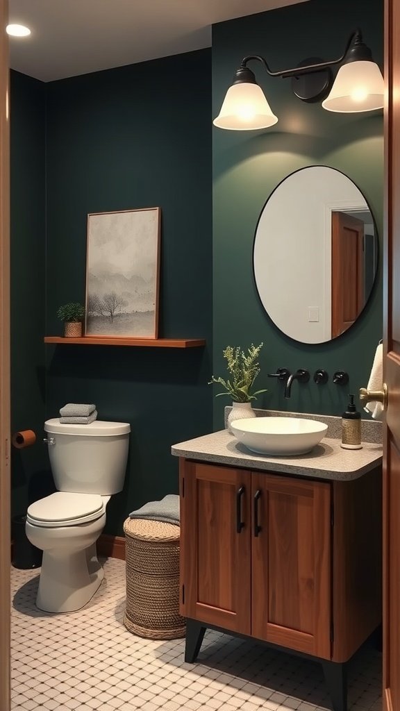 Stylish dark green bathroom with wooden features and modern fixtures.