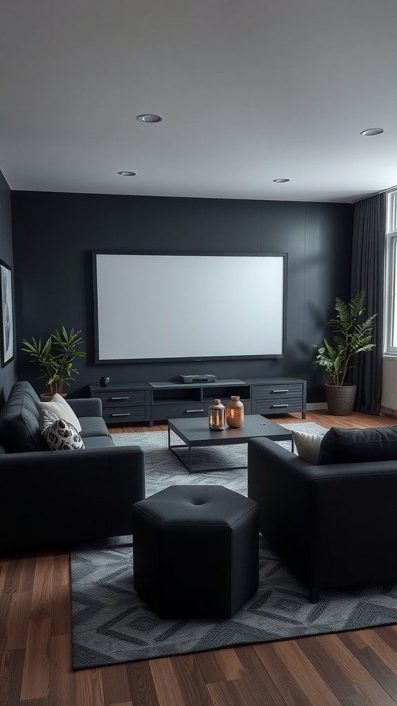 Stylish dark themed living room with black furniture and entertainment center.