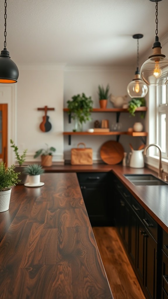 Kitchen with dark wood countertops, stylish lighting, and greenery.