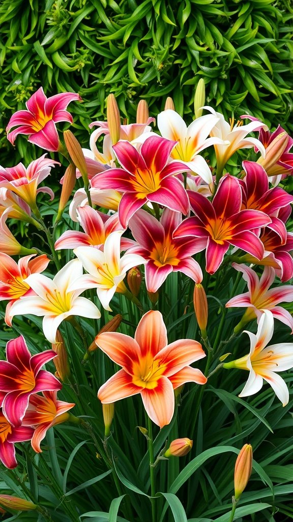 A vibrant collection of daylilies in red, pink, and white blooming in a garden.