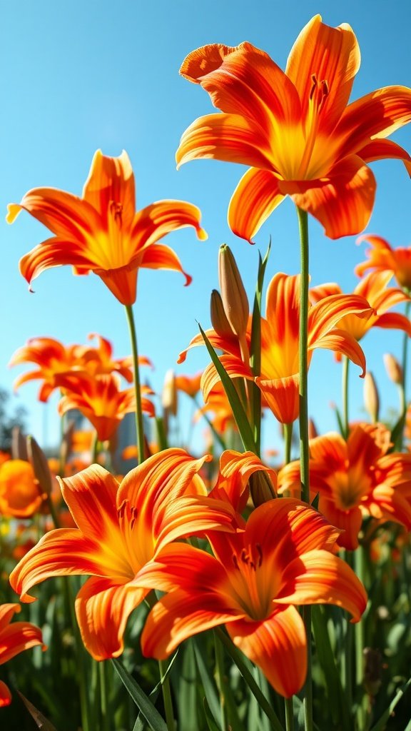 Bright orange daylilies blooming in a sunny garden.