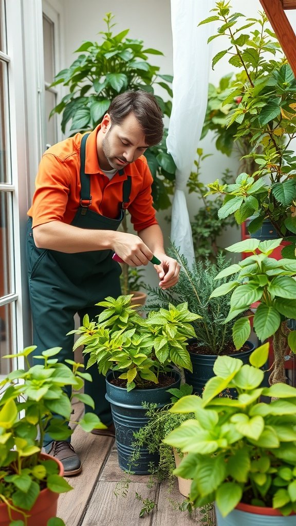A man tending to plants on a balcony.