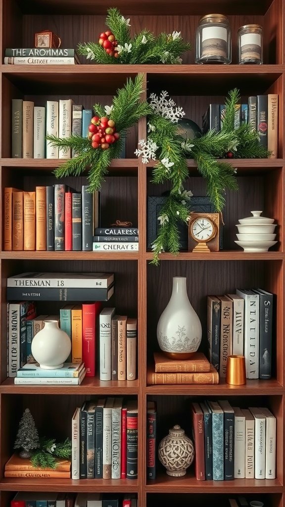 A bookshelf decorated with winter greenery, including peppermint plants and festive items.