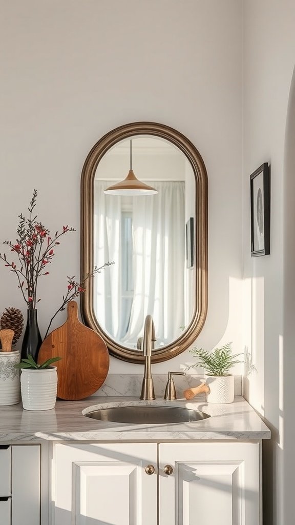 A cozy kitchen corner featuring a stylish mirror, plants, and kitchen accessories.
