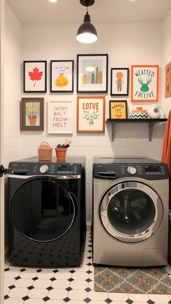 A stylish laundry room featuring a black and metallic washer and dryer, decorated with colorful wall art and prints.