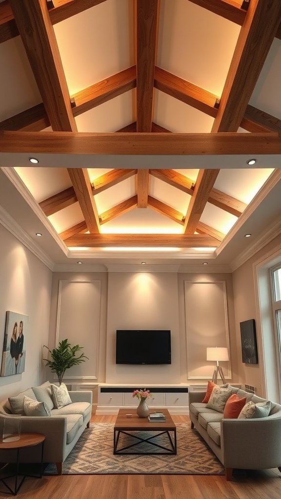A beautifully designed living room featuring decorative ceiling beams and stylish lighting.