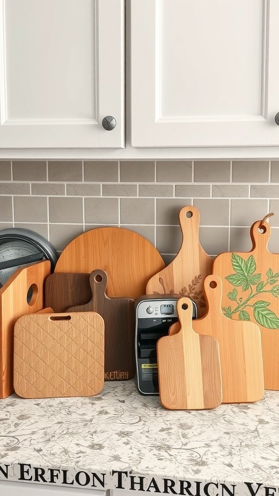 A variety of wooden cutting boards displayed on a kitchen countertop.