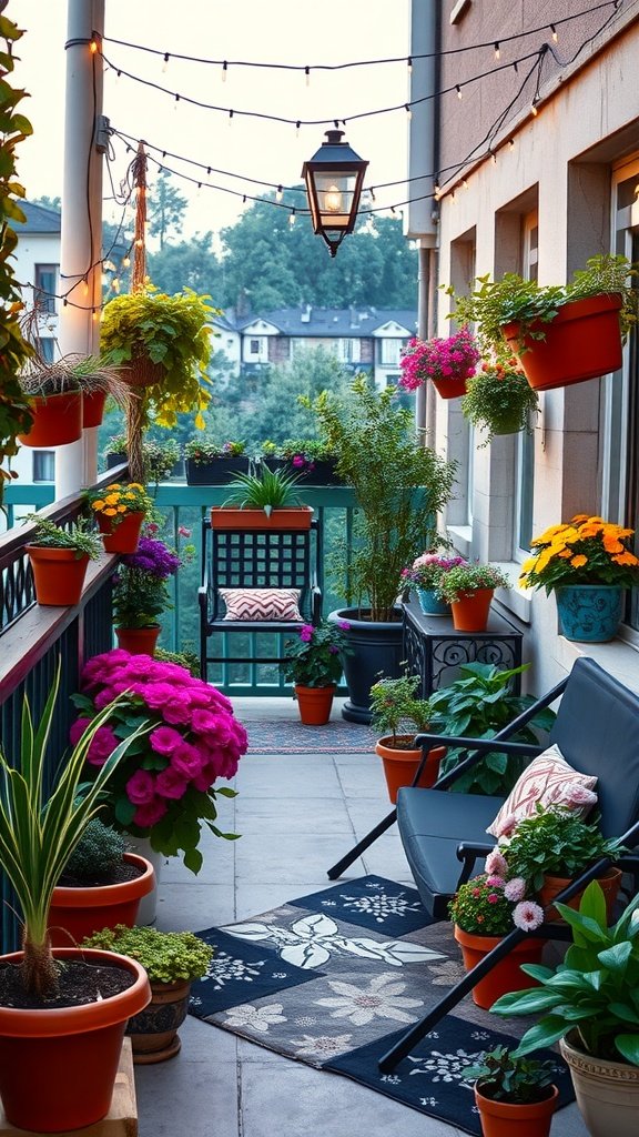 A vibrant balcony garden filled with colorful flowers, potted plants, and cozy seating.
