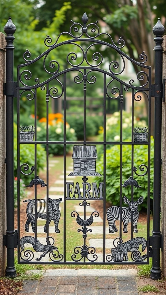 Decorative metal farm-themed gate with images of farm animals and a barn.