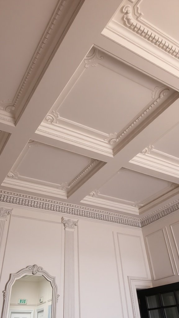 A beautifully molded high ceiling with intricate detailing.