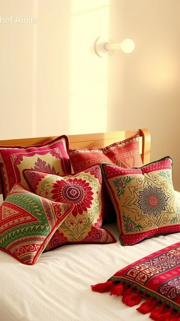 A bed adorned with decorative pillows featuring vibrant colors and intricate patterns.