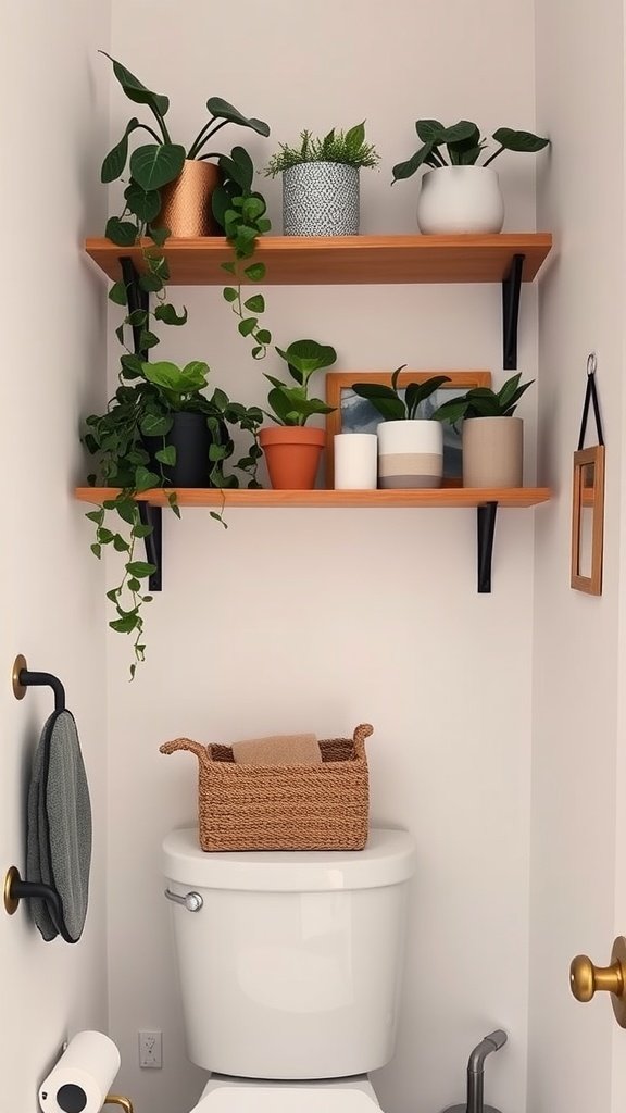 Decorative shelving with plants in a half bathroom.