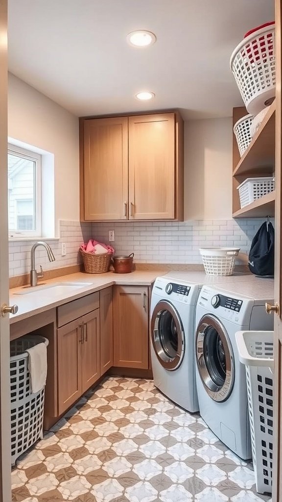A well-organized dedicated laundry room featuring stacked washer and dryer, baskets, and wooden cabinetry.