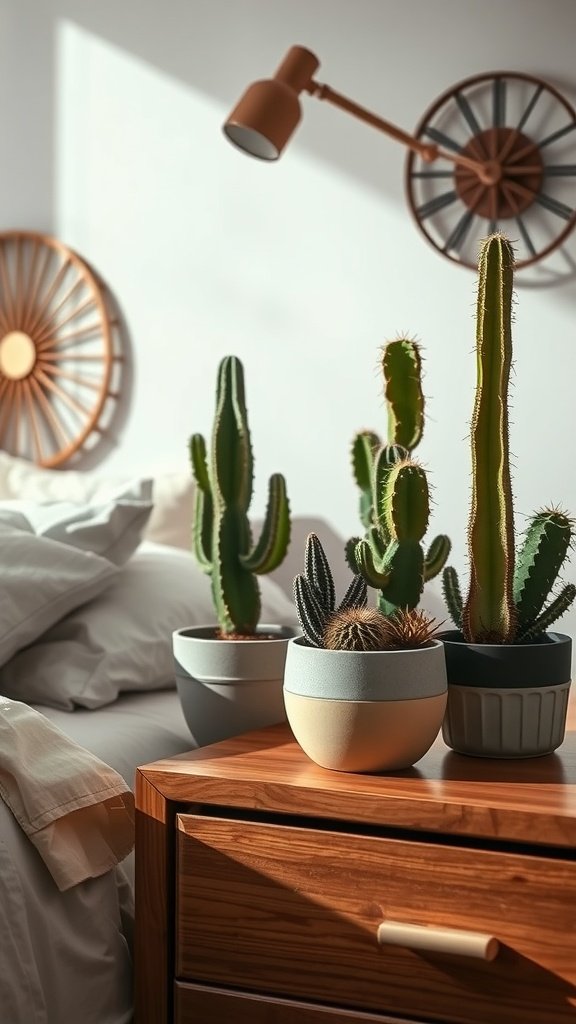 A cozy bedroom with cacti on a nightstand, showcasing a warm and inviting decor style.