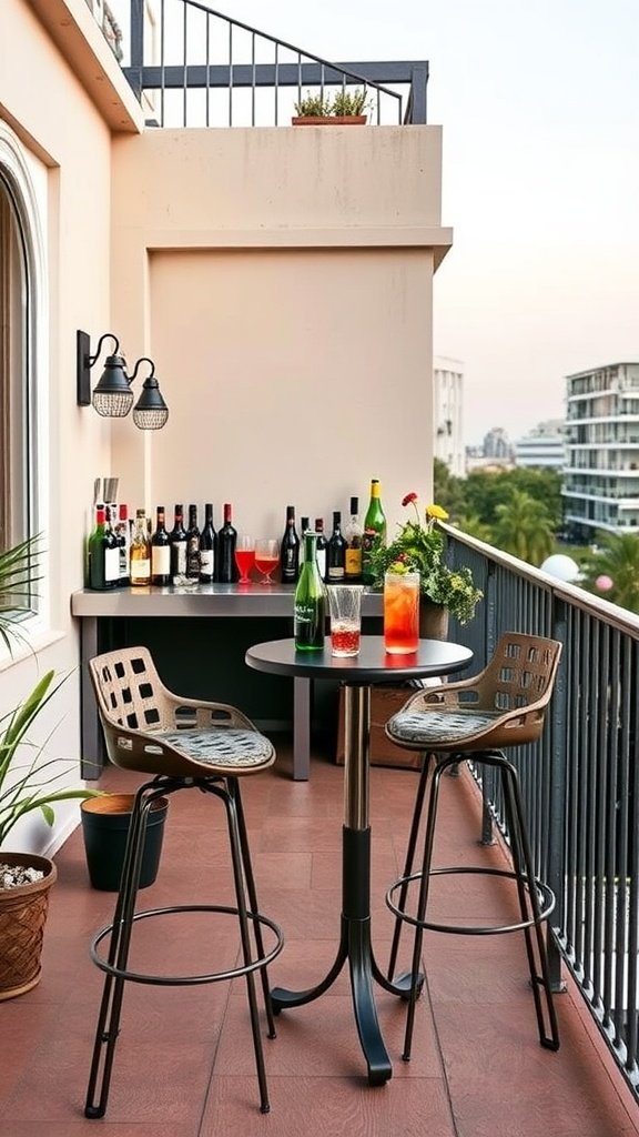 A stylish balcony bar with drinks and seating, ideal for entertaining.