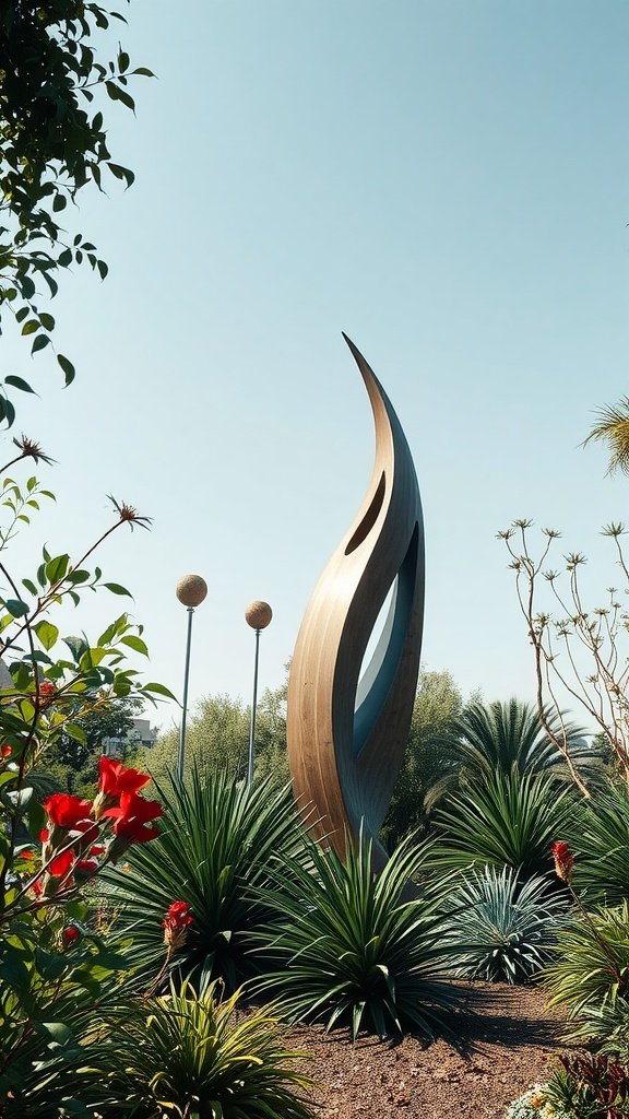 A modern wooden sculpture surrounded by tropical plants and flowers in a garden.