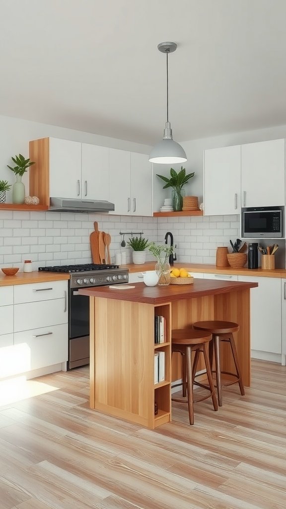 A modern small kitchen with a wooden island and white cabinets